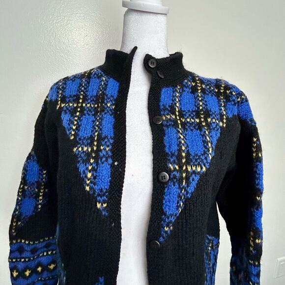 Vintage Plaid Wool Cardigan Sweater Medium 80s Womens Warm Blue Black Yellow - Picture 2 of 13